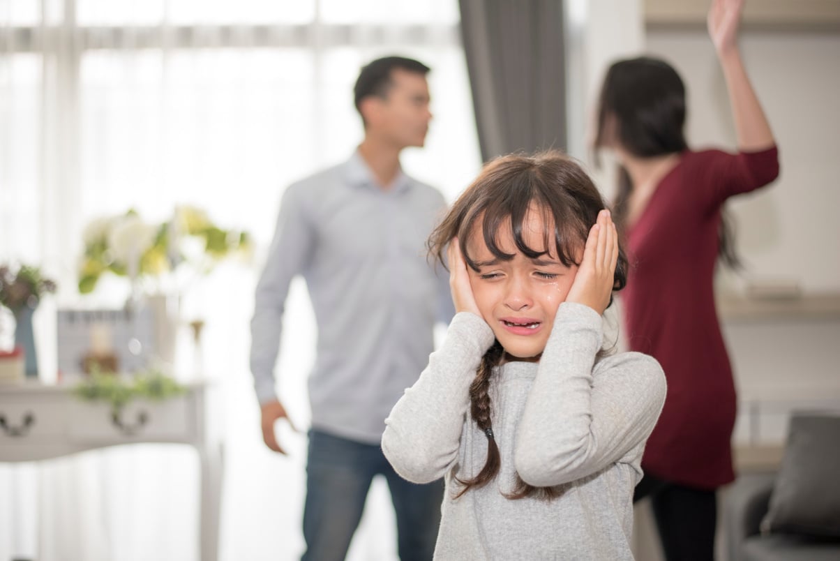 Little girl was crying because dad and mom quarrel, Sad and dramatic scene, Family issued, Children's Rights in Early Childhood Education and Social and parrents care problem concept